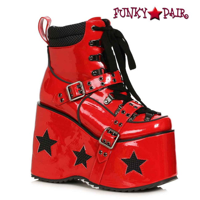 500-SPACED, 5" Red Platform Ankle Boot with Star & Buckle Décor