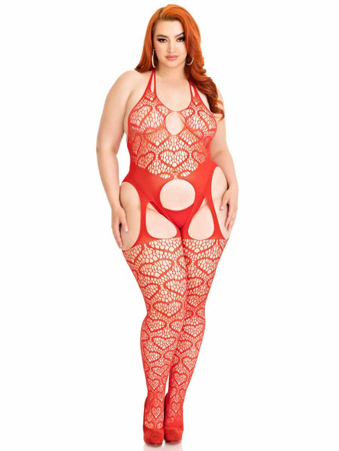 Leg Avenue LA89306X, Plus Size Red Heart Net Suspender Body Stocking