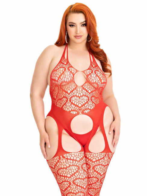 LA89306X, Plus Size Red Heart Net Suspender Bodystocking By Leg Avenue