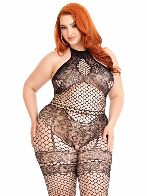 LA89291X, Plus Size Black Seamless Industrial Net Body stocking