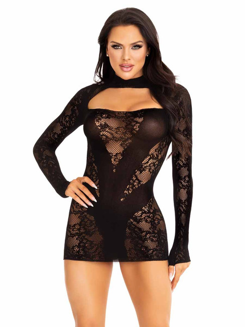 LA87204, Black Lace Keyhole Mini Dress