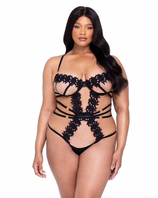 R-LI646Q, Plus Size Floral and Lace Trim Teddy By Roma