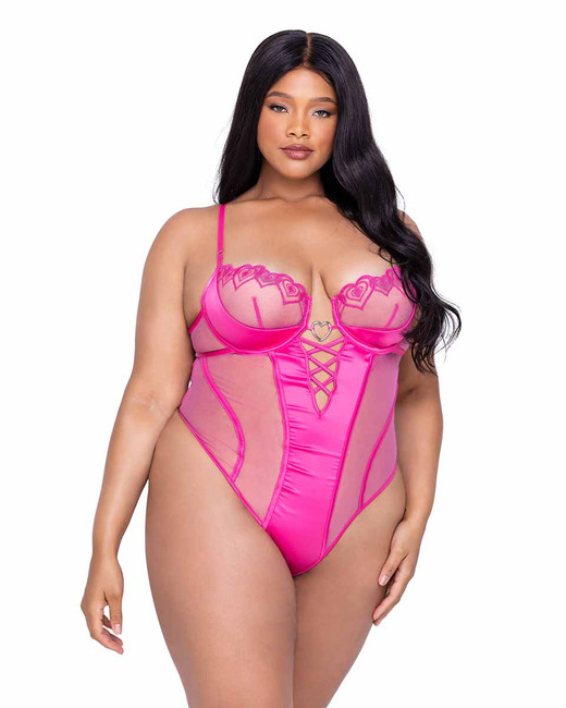 R-LI624Q, Plus Size Metallic Lace & Scallop Heart Teddy By Roma