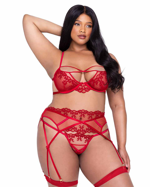 R-LI637Q, Plus Size Metallic Embroidered Bow Garter Set By Roma