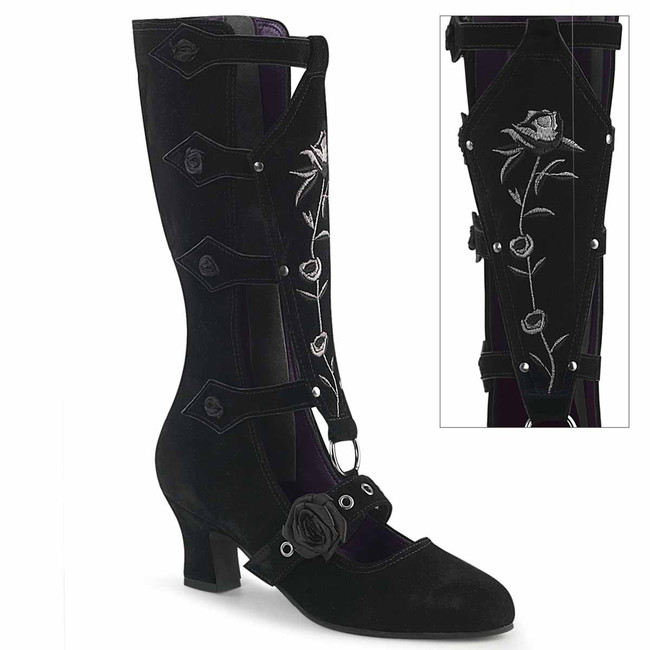 WHIMSY-118, 2.5 Inch Mid-Calf Boots with Rose Accent By Demonia