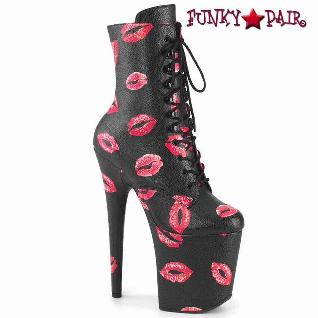 FLAMINGO-1020KISSES, Black Boots with Red Lips Print