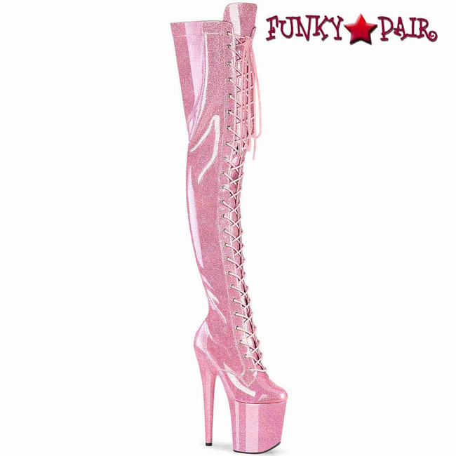 FLAMINGO-3020GP, Baby Pink Lace-Up Front Thigh High Boot