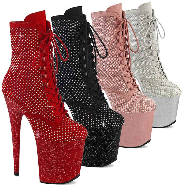 FLAMINGO-1020RM, 8 Inch Ankle Boots with Rhinestones Mesh Overlay By Pleaser USA