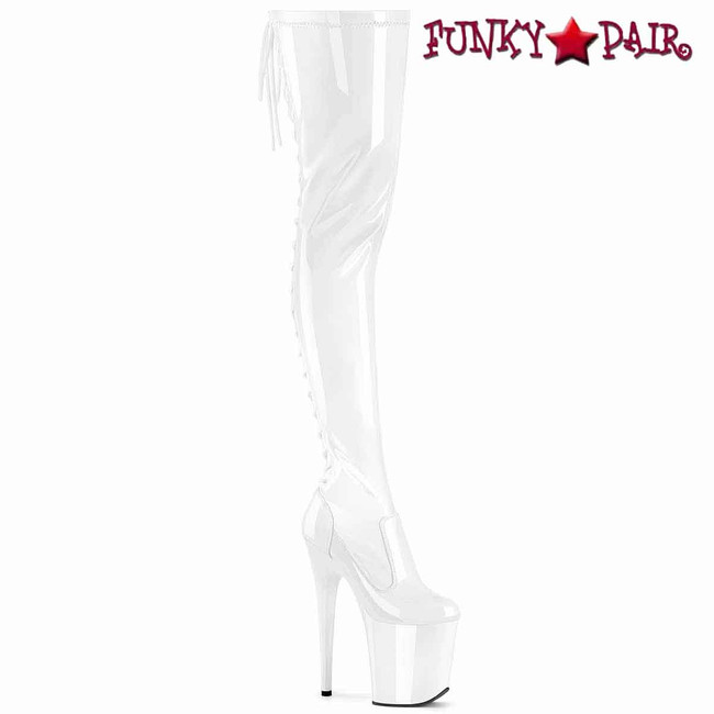 FLAMINGO-3850, White Thigh High Boots By Pleaser