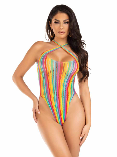 LA89327, Rainbow Striped Thong Bodysuit By Leg Avenue