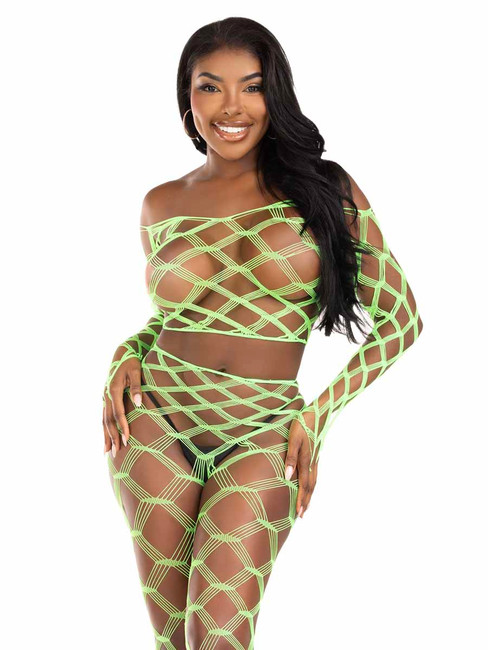 LA89325, Neon Green Multi Net Crop Top & Tights