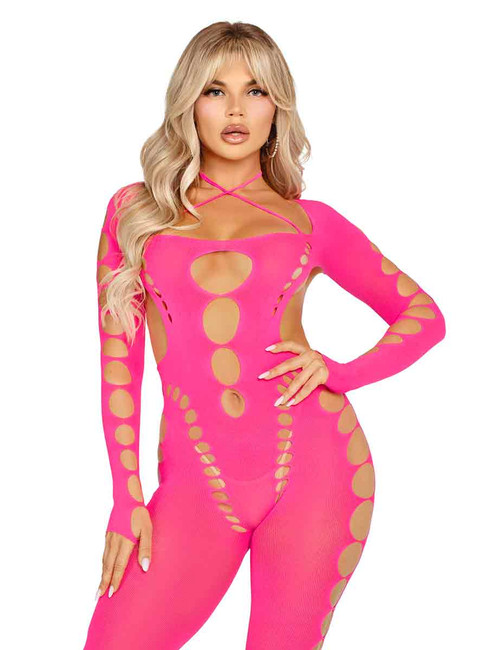 LA89324, Neon Pink Cut-out Footless Bodystocking