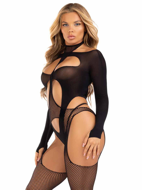 LA89321, Cut Out Teddy and Fishnet Bodystocking Set Side View