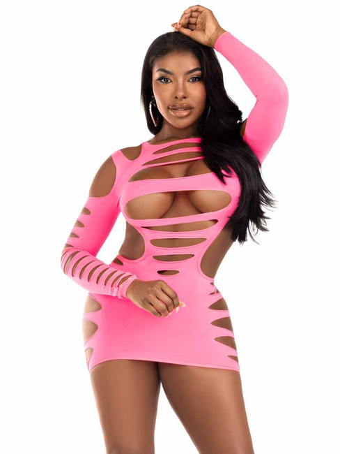 LA87211, Neon Pink Shredded Cut-Out Mini Dress