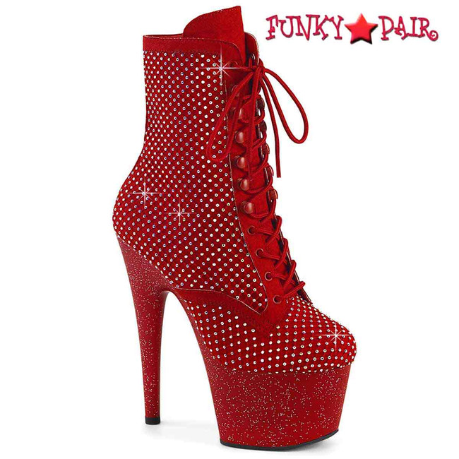 ADORE-1020RM, Red Rhinestones Boots with Mesh Overlay