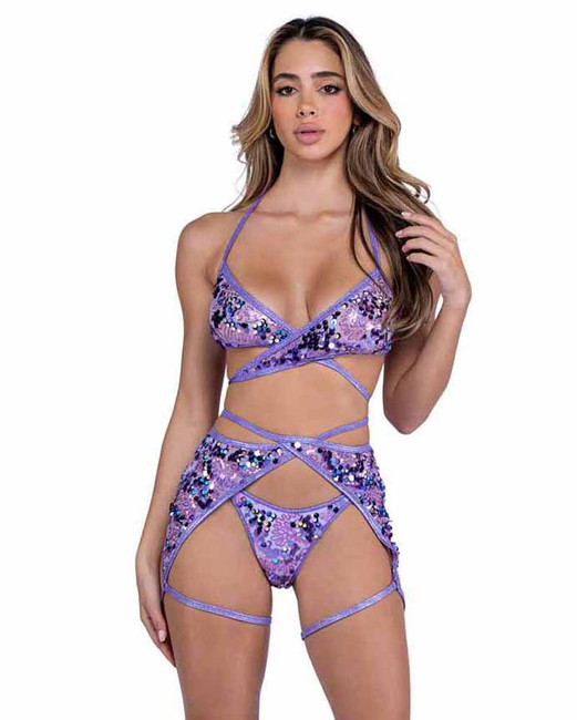 Roma PR-6417, Lavender Sequin Leg Strap Garter Belt View With Top PR-6416 Bottom Short PR-6415