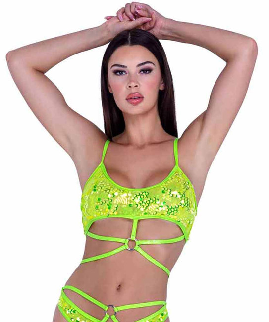 PR-6418, Neon Yellow Sequin Cropped Top By Roma