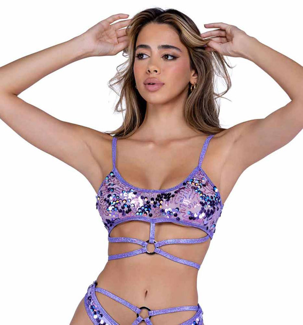 Roma PR-6418, Lavender Sequin Cropped Top View With Bottom Short PR-6419