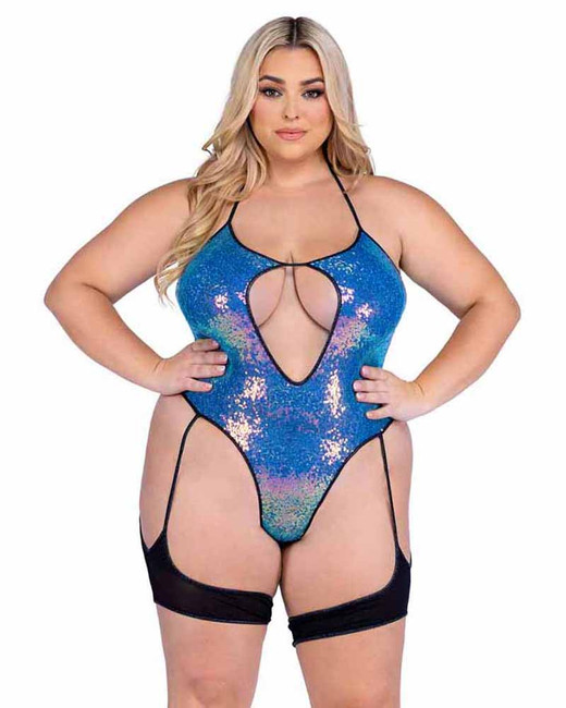 PR-6428X, Plus Size Sequin Keyhole Romper By Roma