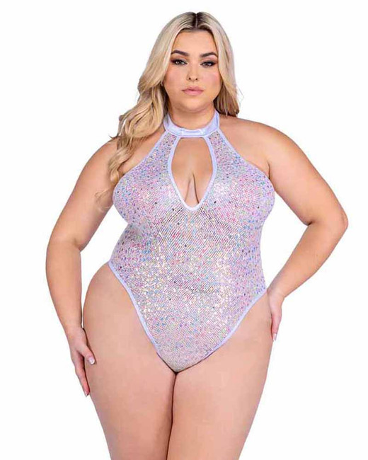 PR-6431X, Plus Size White Sequin Fishnet Thong Back Romper By Roma