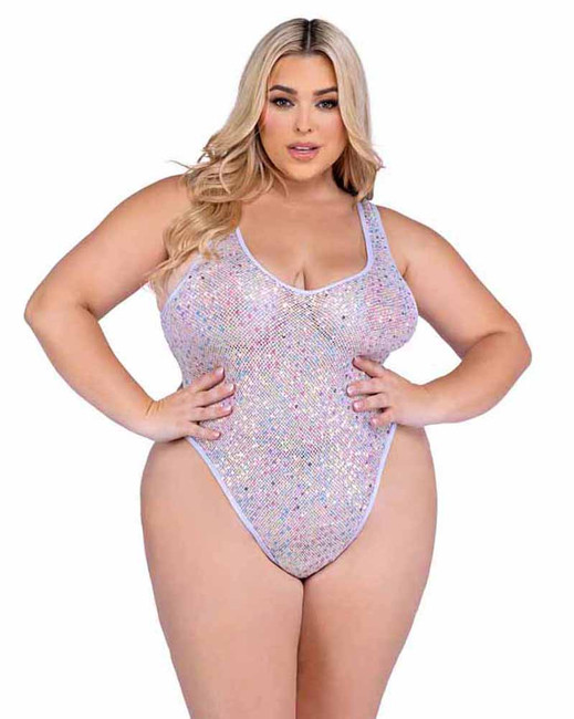 PR-6432X, Plus Size White Sequin Fishnet Romper By Roma