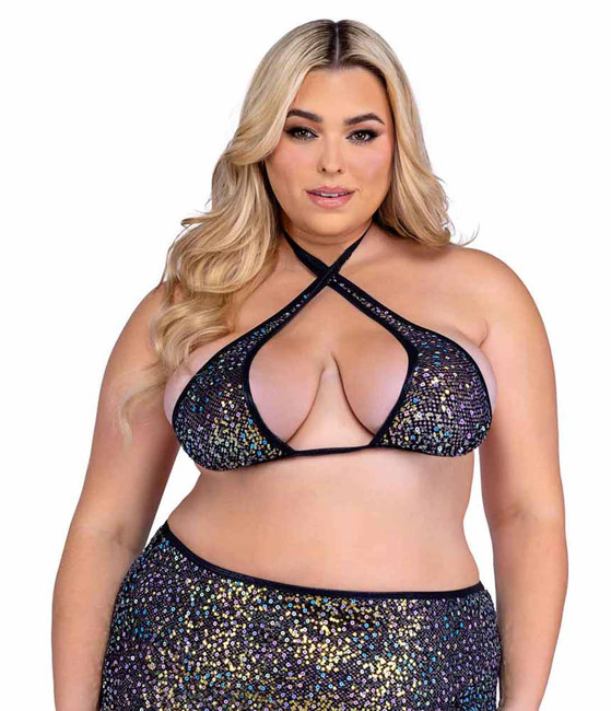 PR-6433X, Plus Size Black Sequin Fishnet Criss-Cross Halter Top By Roma