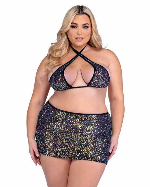 Roma PR-6433X, Plus Size Black Sequin Fishnet Criss-Cross Halter  View With Bottom Skirt PR-6434Q