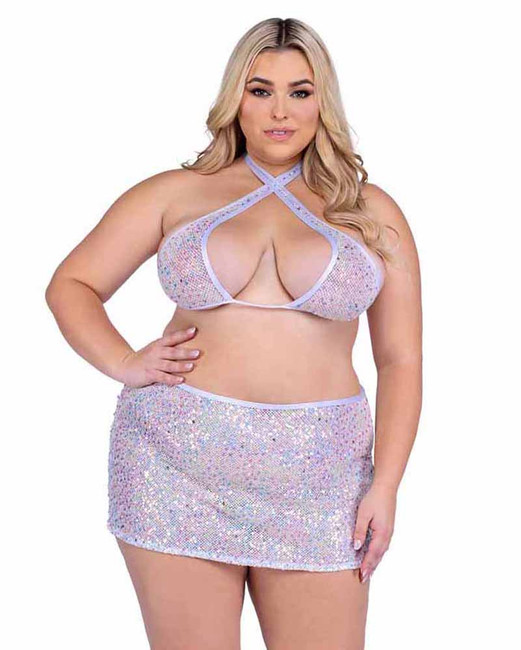 Roma PR-6433X, Plus Size White Sequin Fishnet Criss-Cross Halter  View With Bottom Skirt PR-6434Q