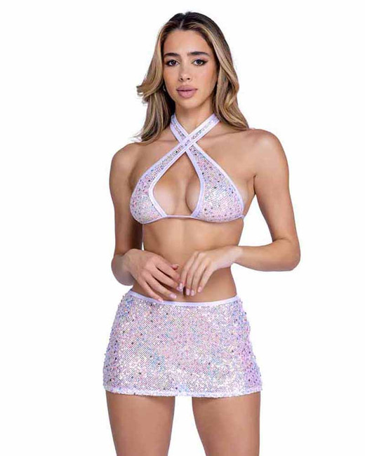 Roma PR-6434, White Sequin Fishnet Mini Skirt View With  Criss Cross Top PR-6433