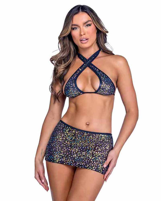 Roma PR-6434, Black Sequin Fishnet Mini Skirt View With  Criss Cross Top PR-6433