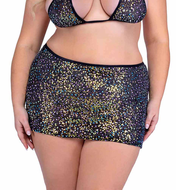 PR-6434X, Plus Size Black Sequin Fishnet Skirt By Roma