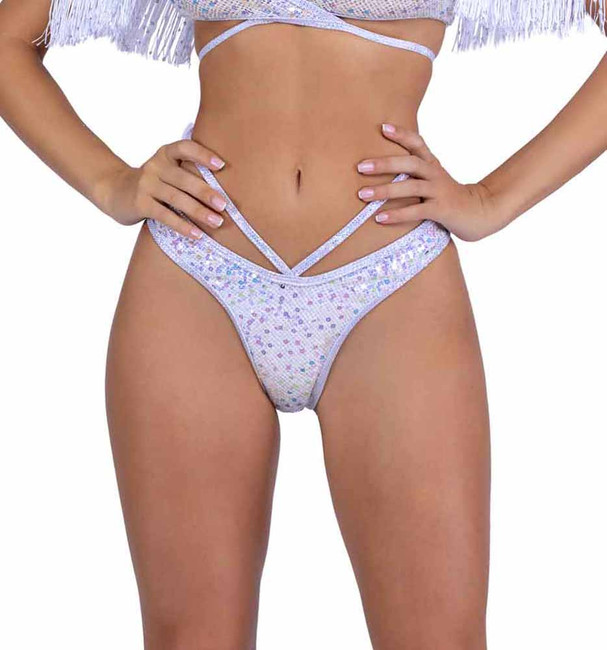 PR-6438, White Sequin Fishnet Strappy Shorts By Roma