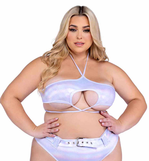 PR-6439X, Plus Size White Strappy Shimmer Top with Underboob Cutout By Roma
