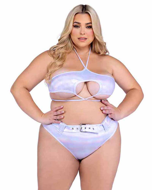 Roma PR-6439X, Plus Size White Strappy Shimmer Top with Underboob Cutout View With Bottom Short PR-6544X