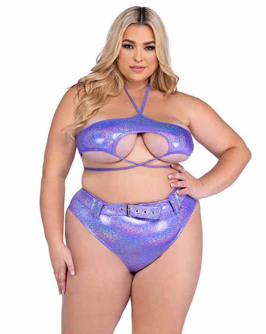 Roma PR-6439X, Plus Size Lavender Strappy Shimmer Top with Underboob Cutout View With Bottom Short PR-6544X