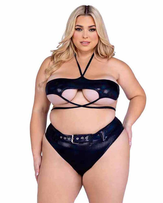 Roma PR-6439X, Plus Size Black Strappy Shimmer Top with Underboob Cutout View With Bottom Short PR-6544X