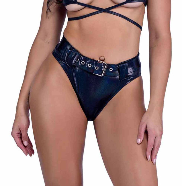 PR-6544, Black Shimmer High-Waisted Shorts with Belt By Roma