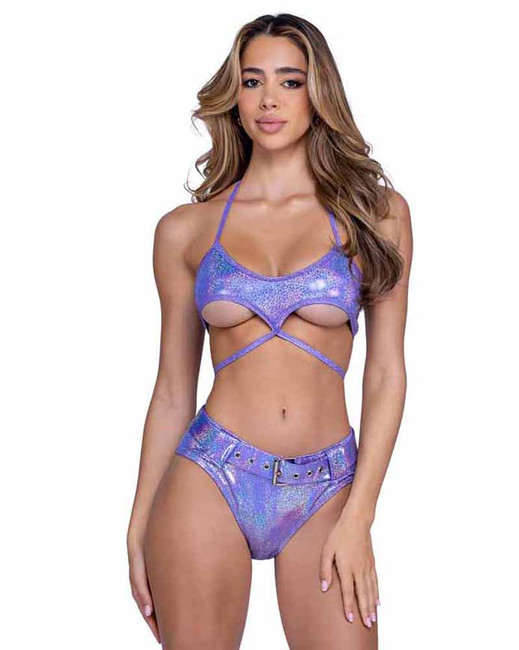 Roma PR-6544, Lavender Shimmer High-Waisted Shorts with Belt View With Top Underbood Cutout PR-6439