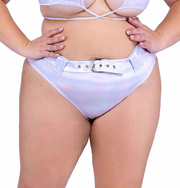 PR-6544X, Plus Size White Shimmer High-Waisted Cheeky Shorts By Roma