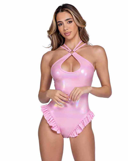 PR-6441, Baby Pink Keyhole Romper with Ruffle Detail By Roma