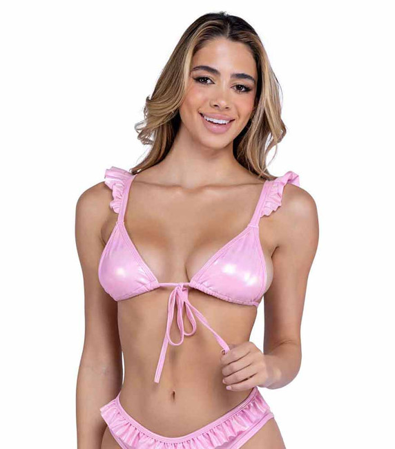 PR-6445, Baby PInk Metallic Iridescent Bikini Top with Ruffle Detail By Roma