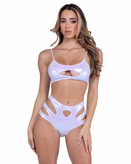 Roma PR-6448, White Metallic Keyhole Cropped Top View With Short PR-6449