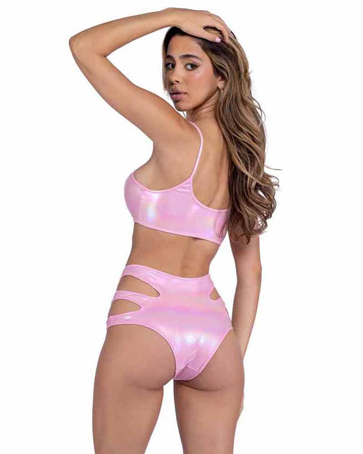 PR-6449, Baby Pink Metallic Cutout High-Waisted Shorts Back View