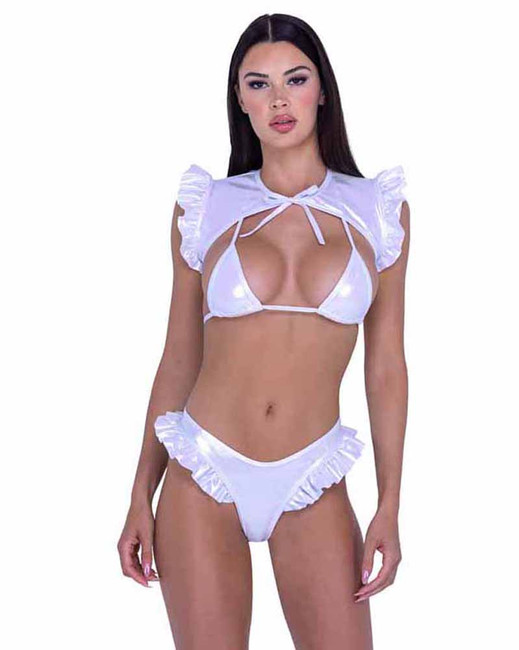 Roma PR-6450, White Metallic Iridescent Bikini Triangle Top With Shrug PR-6451 and Short PR-6452