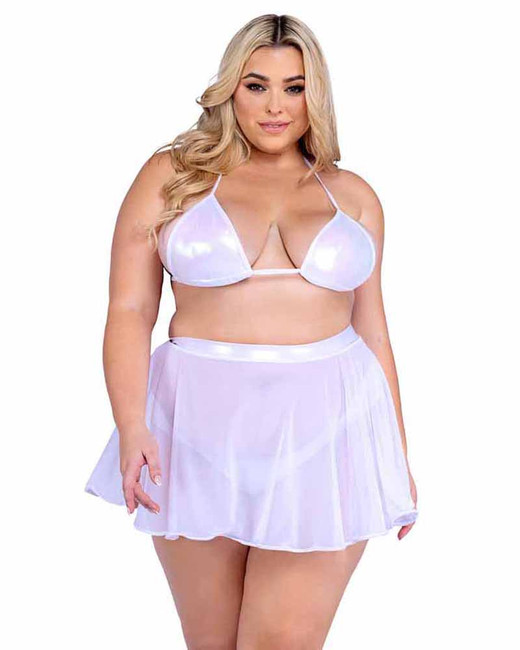 Roma PR-6450Q, Plus Size White Metallic Bikini Triangle Top Show With Bottom PR-6453Q And Skirts PR-6542Q