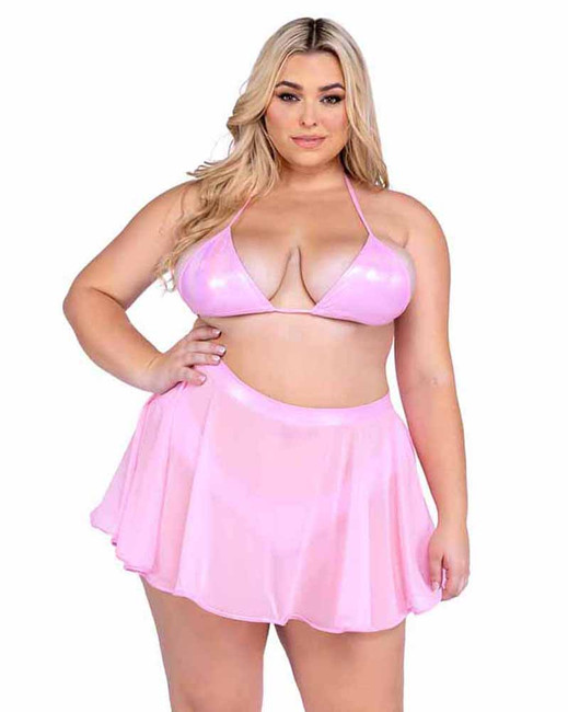 Roma PR-6450Q, Plus Size Baby Pink Metallic Bikini Triangle Top Show With Bottom PR-6453Q And Skirts PR-6542Q