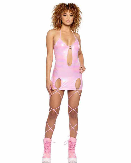 Roma PR-6543, Baby Pink Iridescent Cutout Dress with Attached Leg Wraps