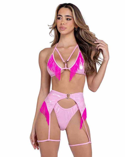 Roma PR-6459, Metallic Garter Belt with Fringe Detail Showing with Top PR-6458 Short PR-6453