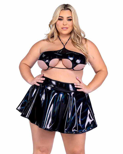 PR-6484X, Plus Size Vinyl Underboob Crop Tops With Skirt PR-6485Q