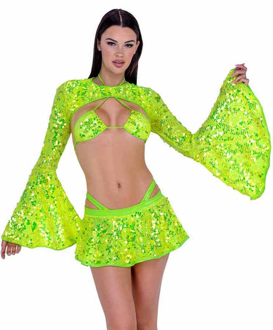 Roma PR-6414, Neon  Yellow Sequin Flare Skirt